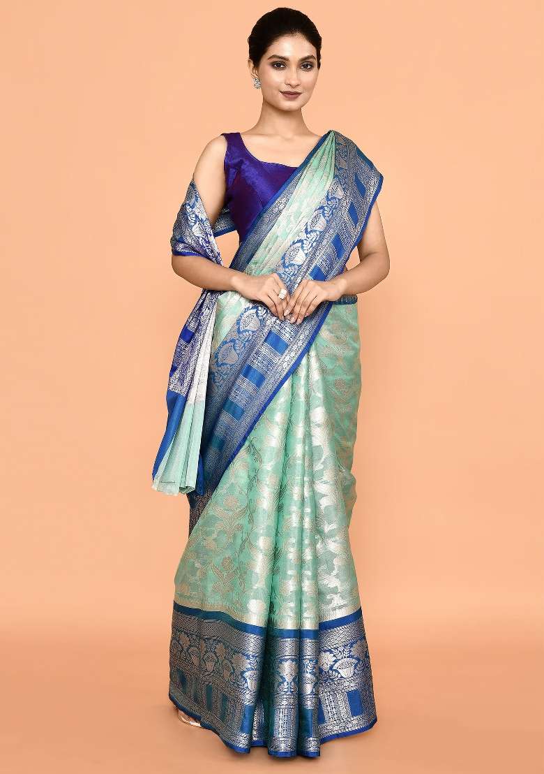 Dark Blue Embroidererd Banarsi Silk Saree Set - Indya