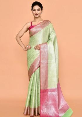 Baby Pink Embroidererd Banarsi Silk Saree Set