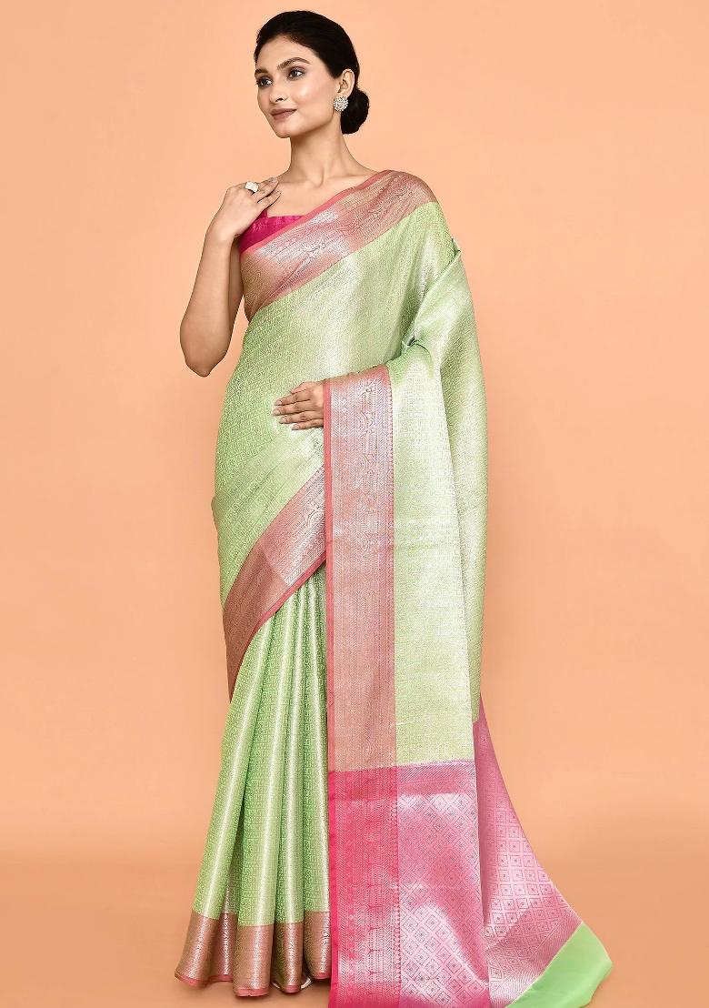 Baby Pink Embroidererd Banarsi Silk Saree Set