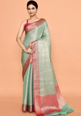 Rust Brown And Green Embroidererd Banarsi Silk Saree Set