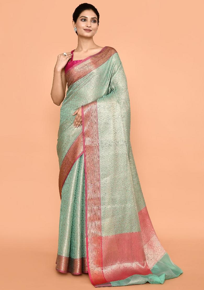 Rust Brown And Green Embroidererd Banarsi Silk Saree Set