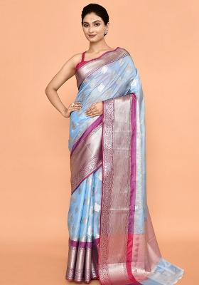 Sky Blue And Pink Embroidererd Banarsi Silk Saree Set