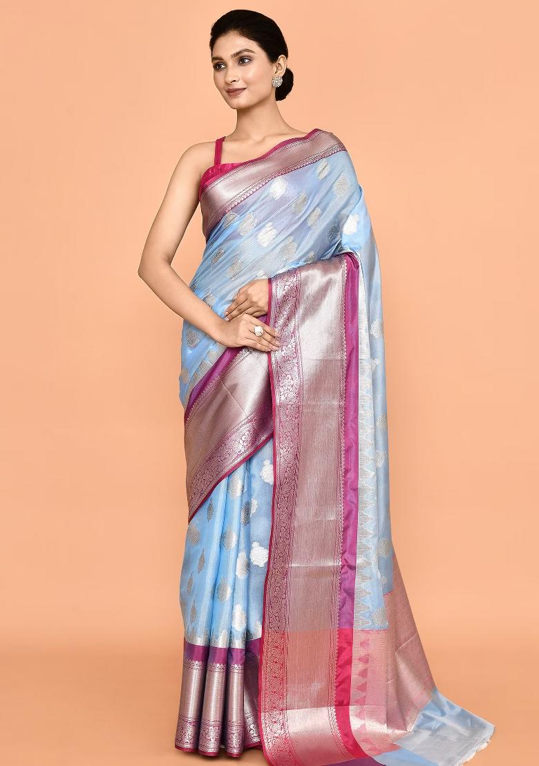 Sky Blue And Pink Embroidererd Banarsi Silk Saree Set