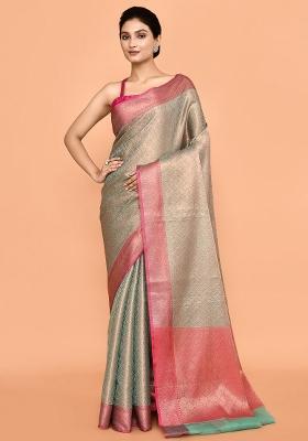 Multi Color Embroidererd Banarsi Silk Saree Set