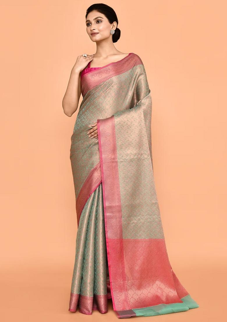 Multi Color Embroidererd Banarsi Silk Saree Set