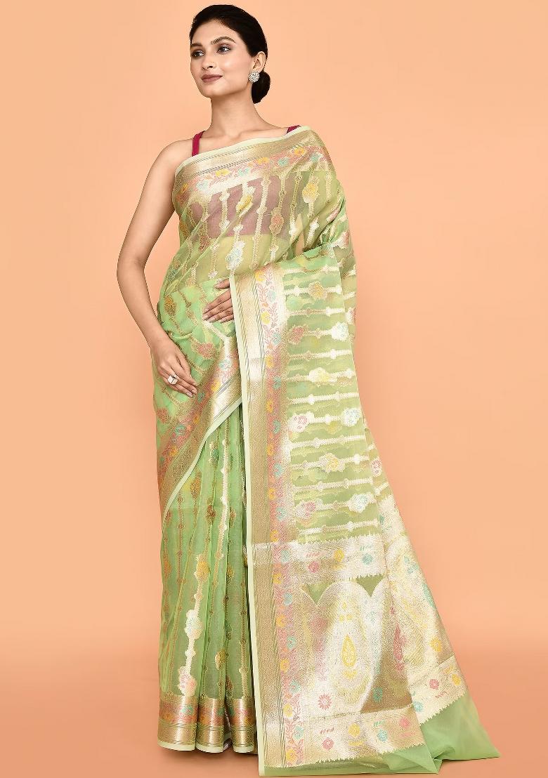 Gold Embroidererd Banarsi Silk Saree Set