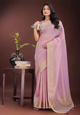 Purple Zari Work Organza Saree Set