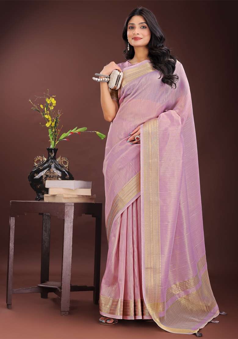 Purple Zari Work Organza Saree Set - Indya
