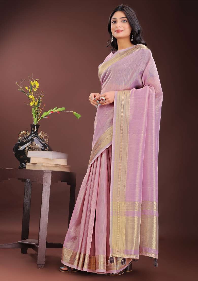 Purple Zari Work Organza Saree Set - Indya