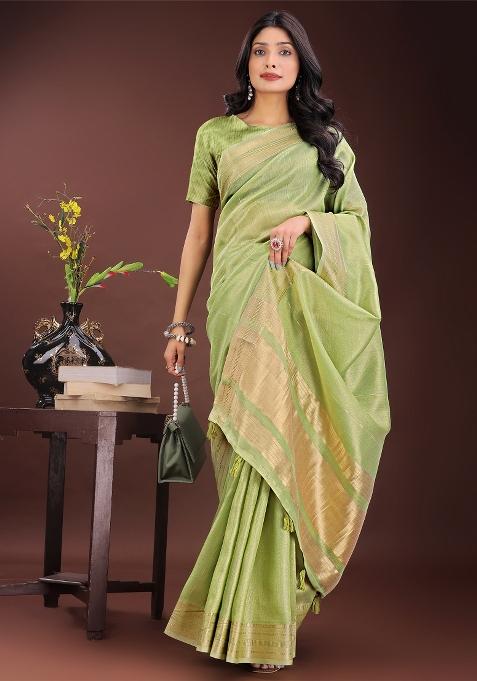 Light Green Zari Work Organza Saree Set