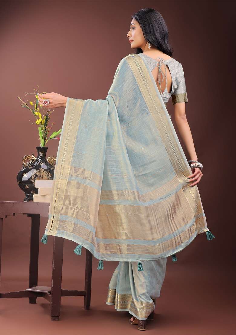 Sky Blue Zari Work Organza Saree Set - Indya