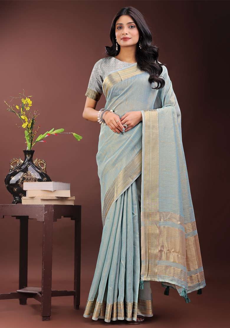 Sky Blue Zari Work Organza Saree Set - Indya