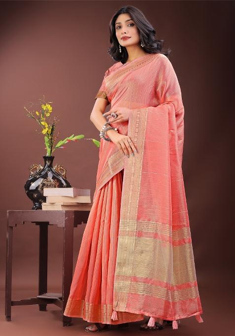 Peach Zari Work Organza Saree Set