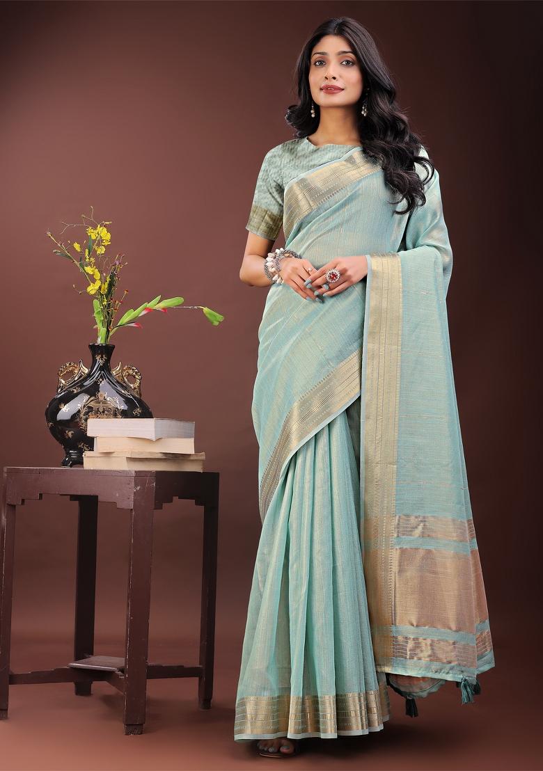 Olive Green Zari Work Organza Saree Set