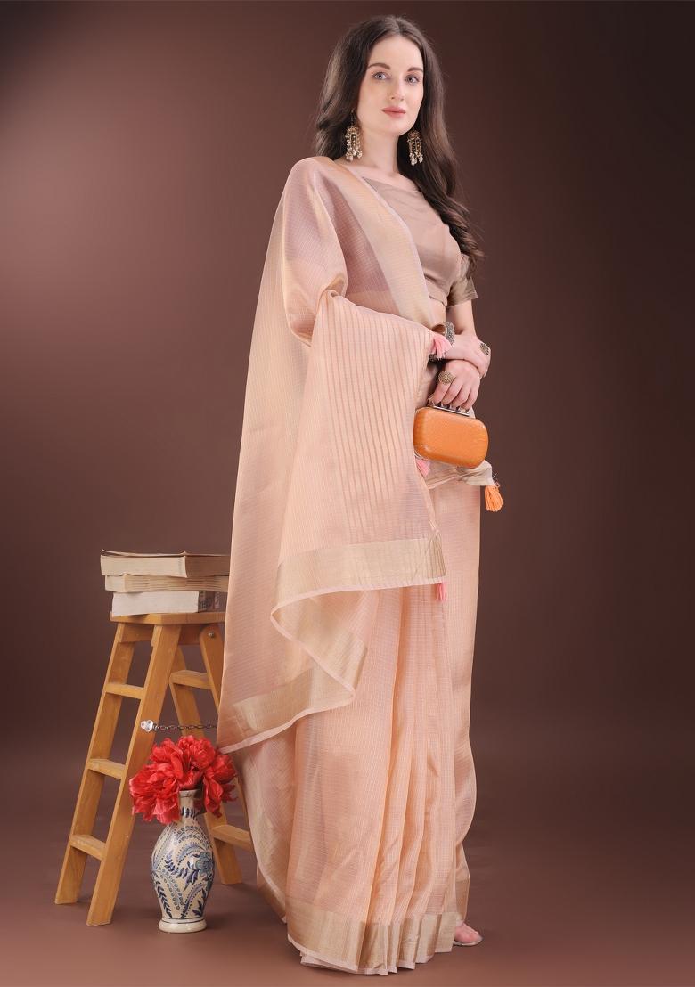 Peach Zari Work Organza Saree Set