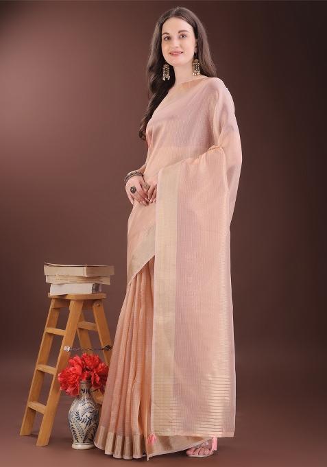 Peach Zari Work Organza Saree Set