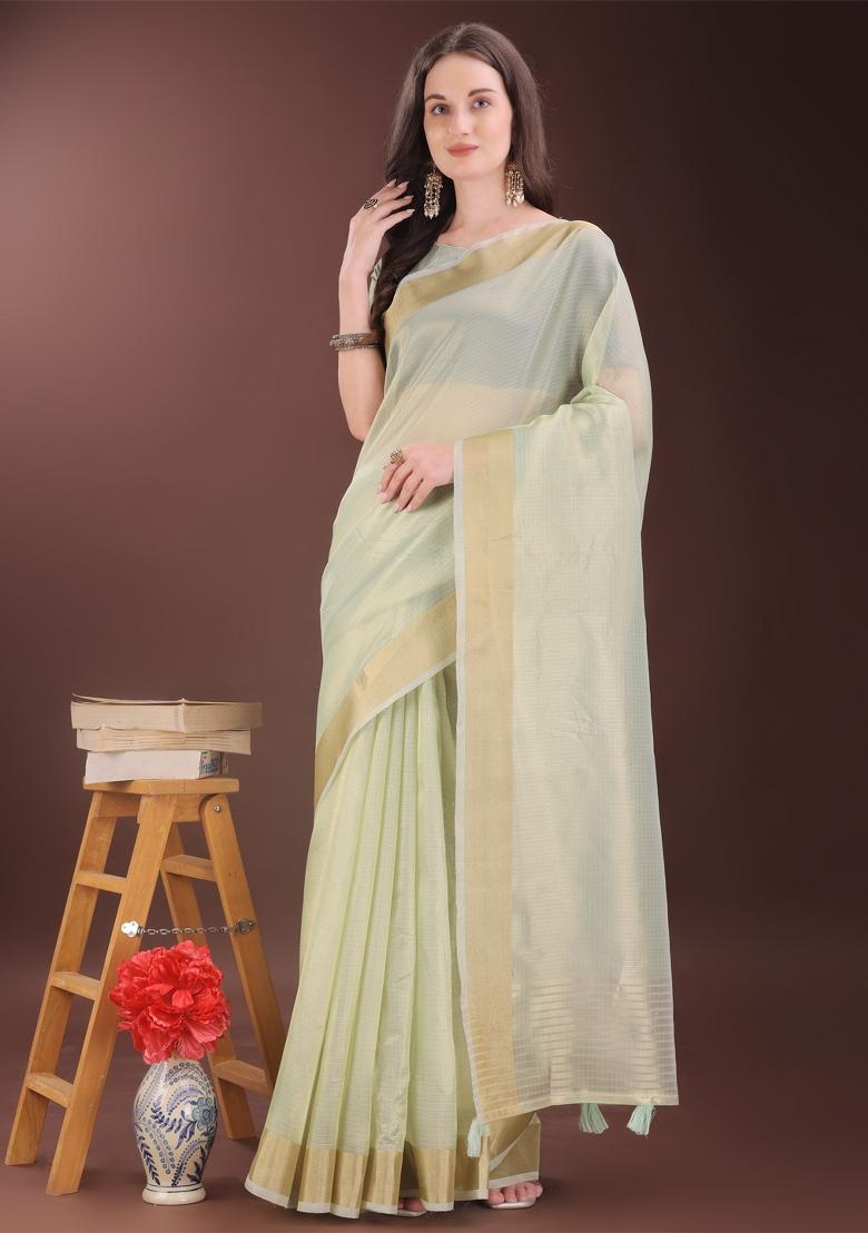 Light Green Zari Work Organza Saree Set
