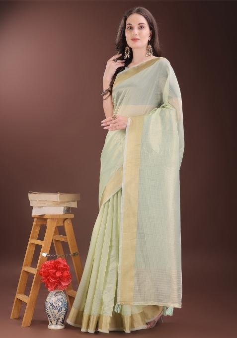 Light Green Zari Work Organza Saree Set
