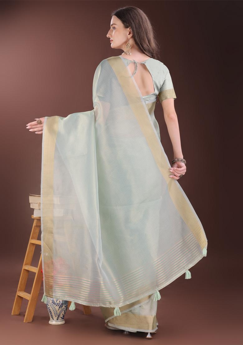 Sky Blue Zari Work Organza Saree Set