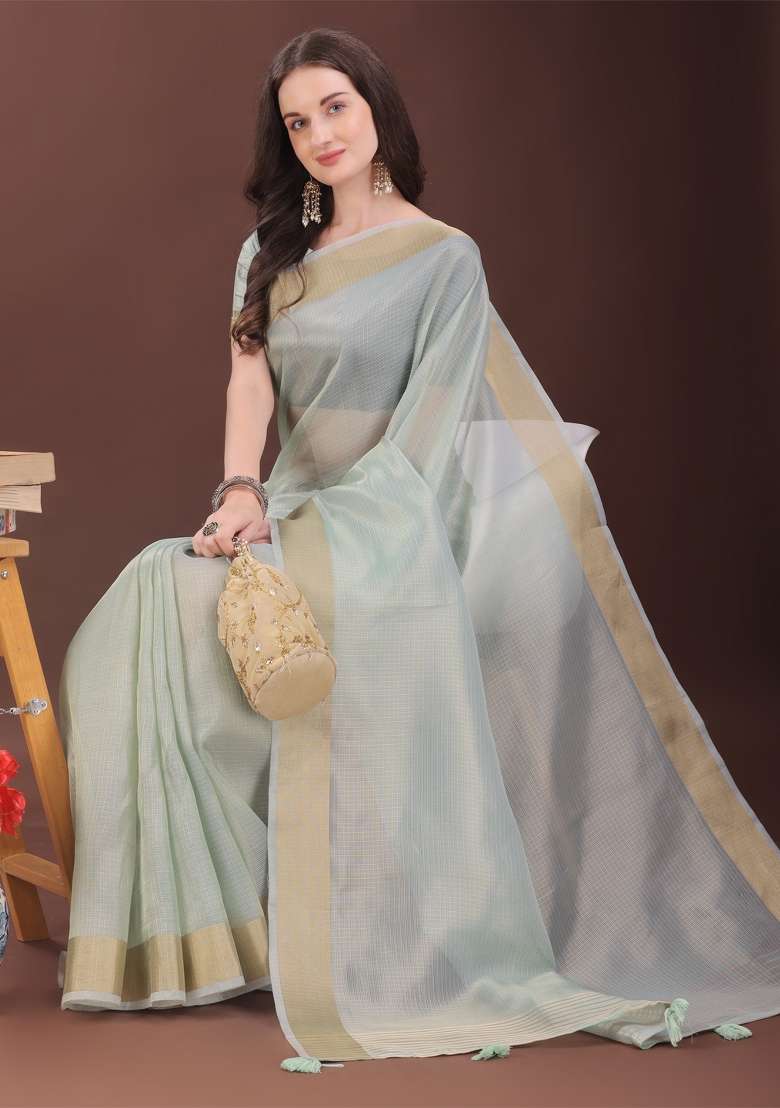 Sky Blue Zari Work Organza Saree Set - Indya