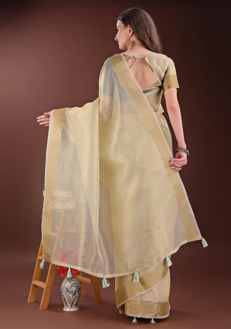 Light Yellow Zari Work Organza Saree Set