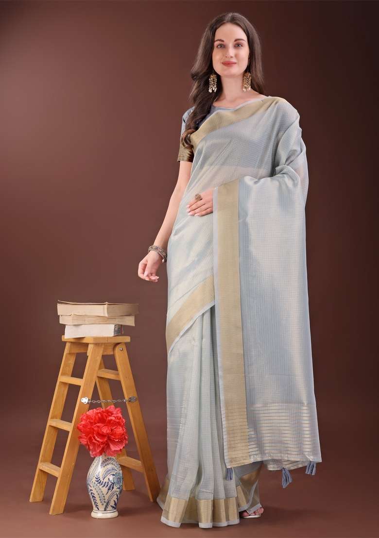 Grey Zari Work Organza Saree Set - Indya