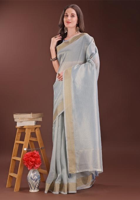 Grey Zari Work Organza Saree Set