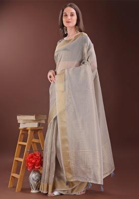 Brown Zari Work Organza Saree Set