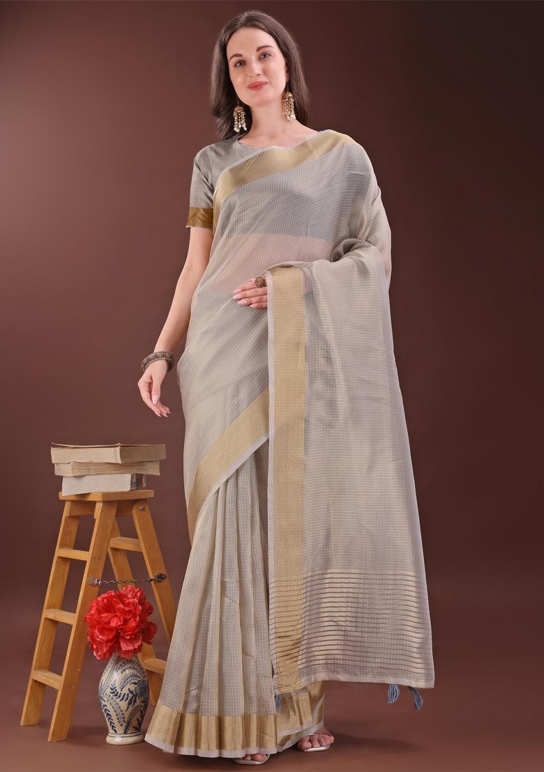 Brown Zari Work Organza Saree Set