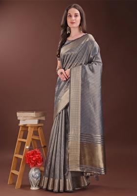Grey Zari Work Organza Saree Set