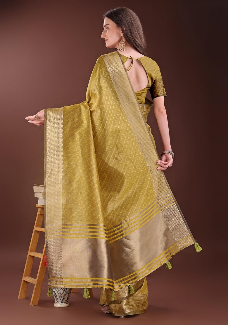 Mustard Yellow Zari Work Organza Saree Set