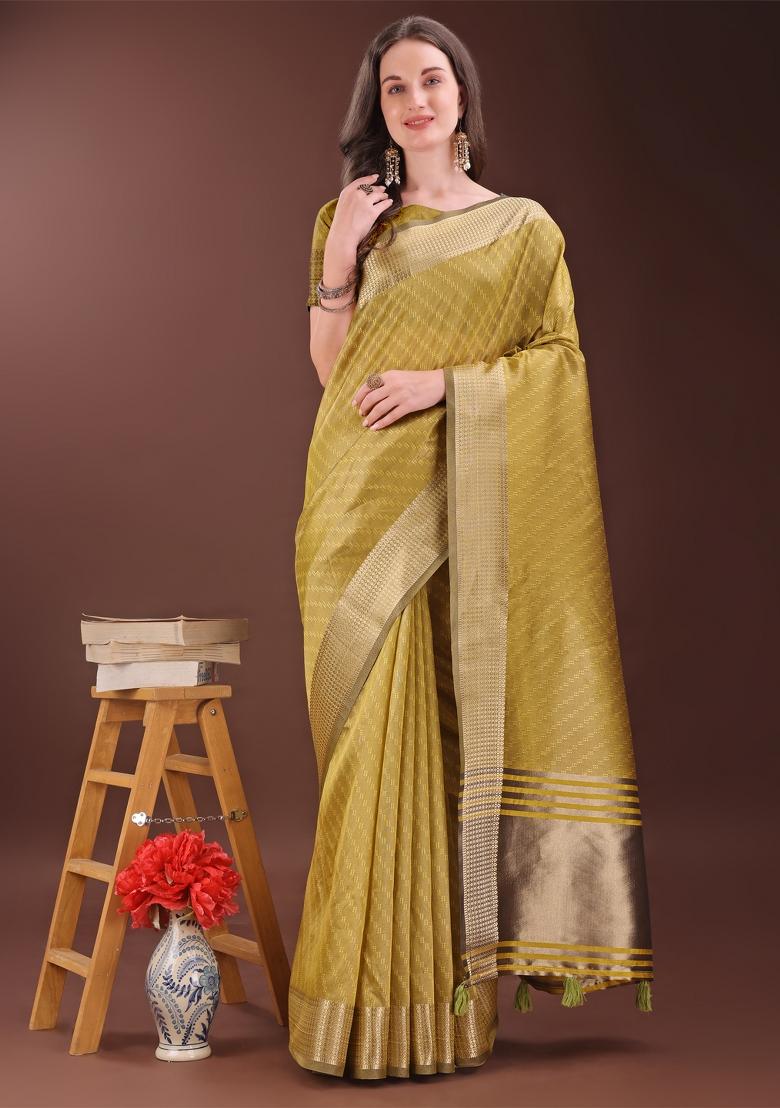 Mustard Yellow Zari Work Organza Saree Set