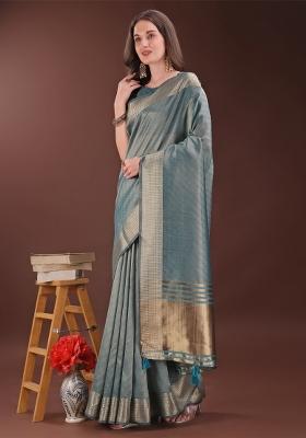 Sea Green Zari Work Organza Saree Set