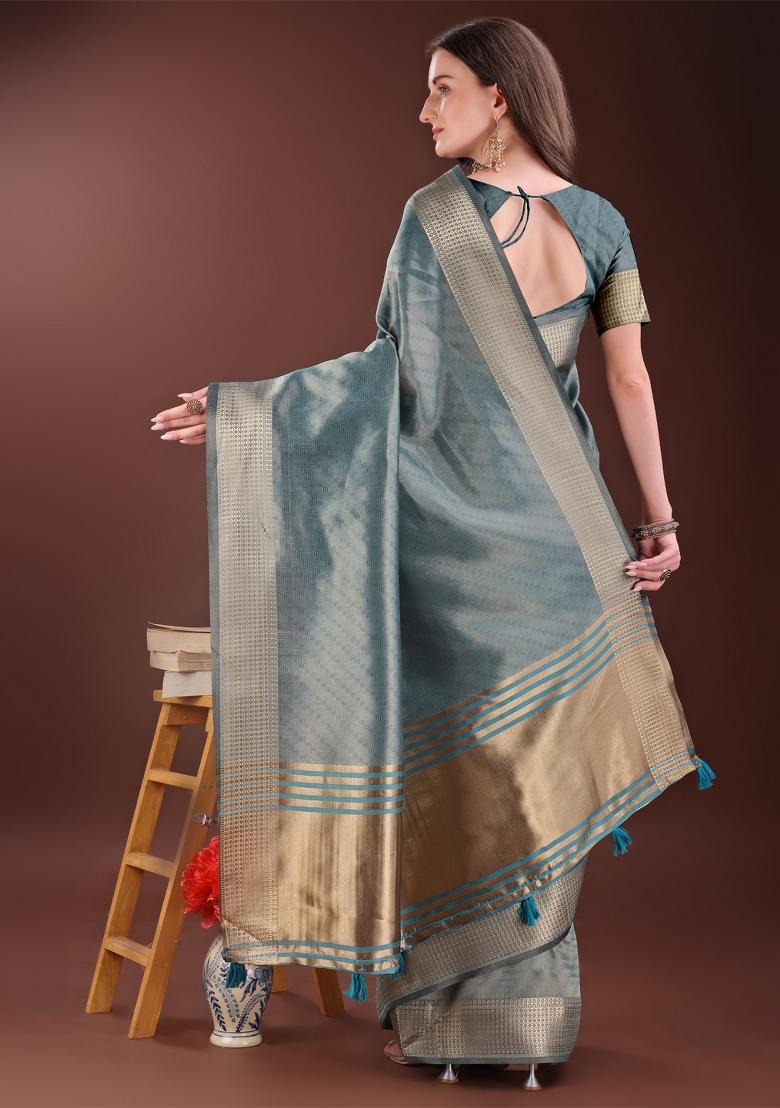 Sea Green Zari Work Organza Saree Set