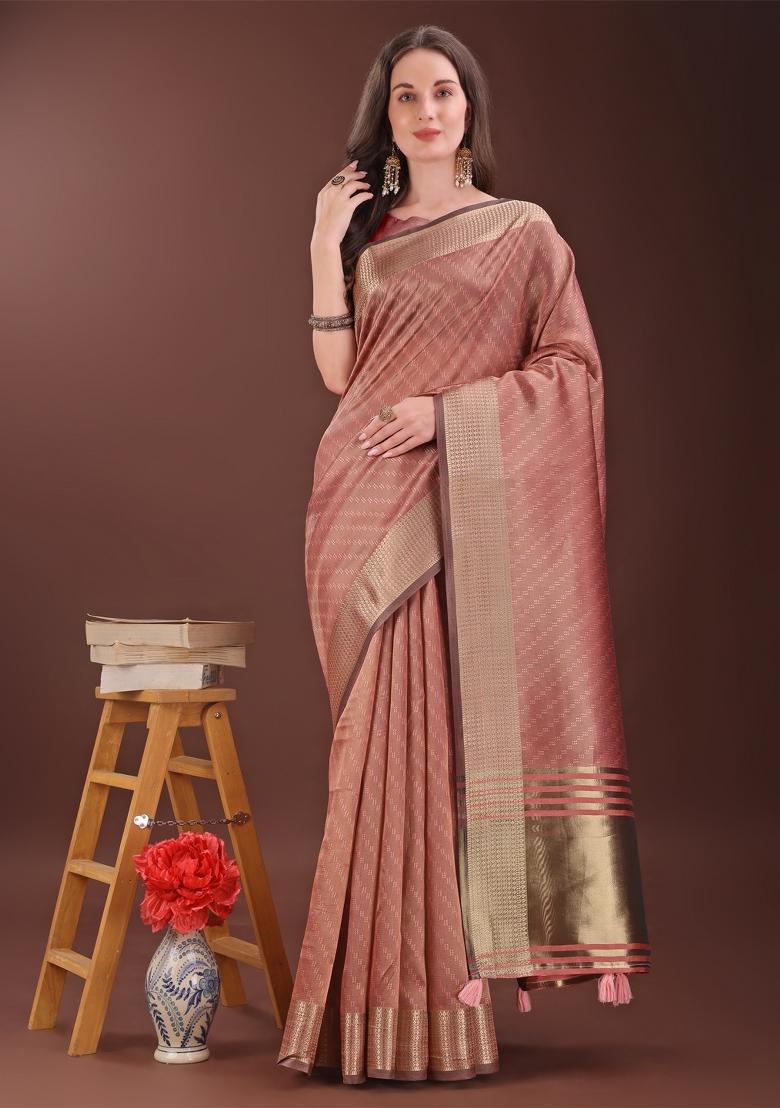 Peach Zari Work Organza Saree Set