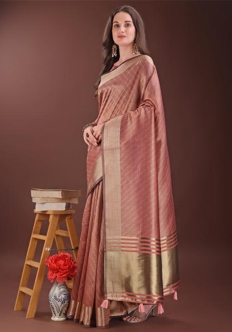 Peach Zari Work Organza Saree Set