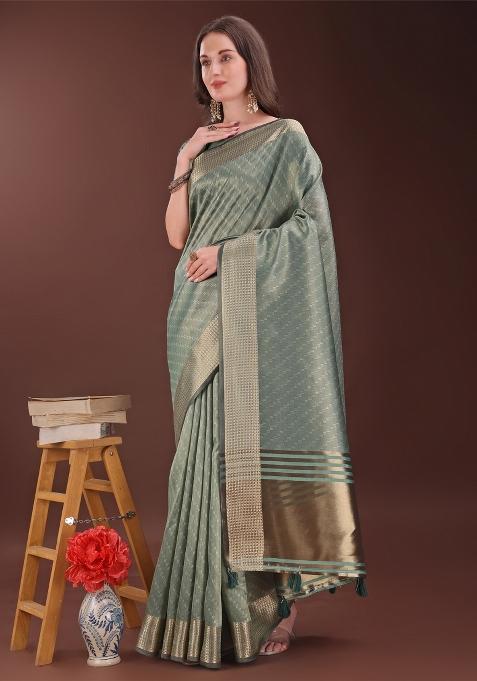 Green Zari Work Organza Saree Set