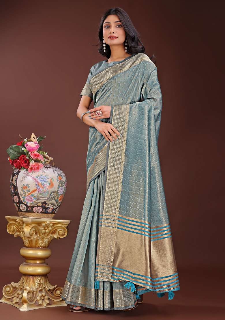 Sky Blue Zari Work Organza Saree Set - Indya