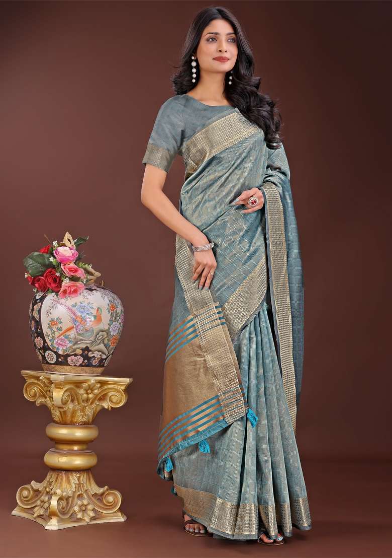 Sky Blue Zari Work Organza Saree Set - Indya