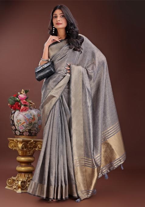 Grey Zari Work Organza Saree Set