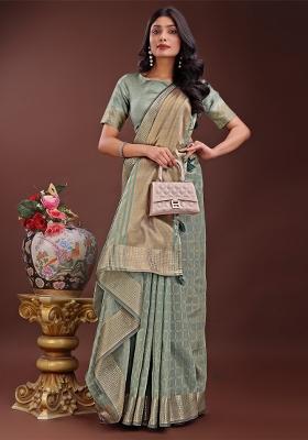 Light Green Zari Work Organza Saree Set