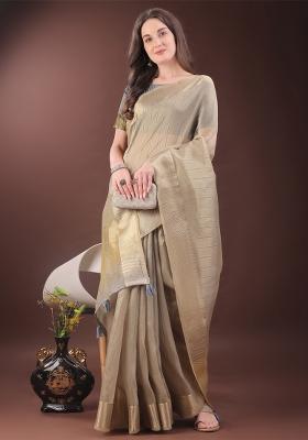 Beige Zari Work Organza Saree Set