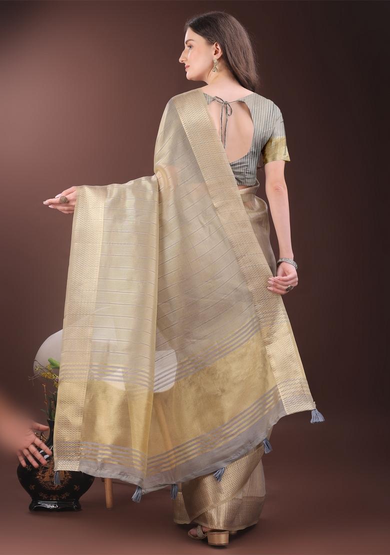 Beige Zari Work Organza Saree Set