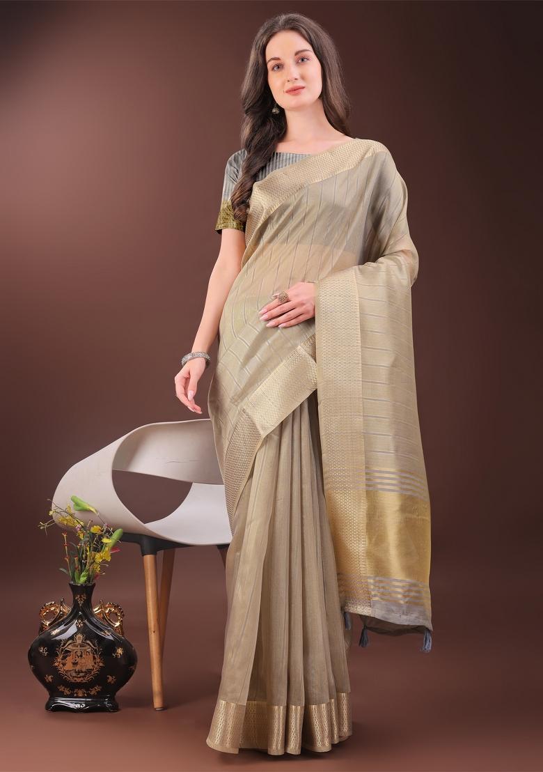 Beige Zari Work Organza Saree Set