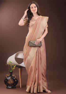 Peach Zari Work Organza Saree Set