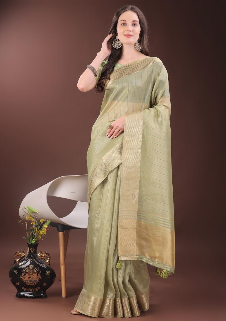 Mint Green Zari Work Organza Saree Set