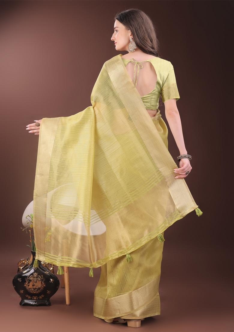 Yellow Zari Work Organza Saree Set