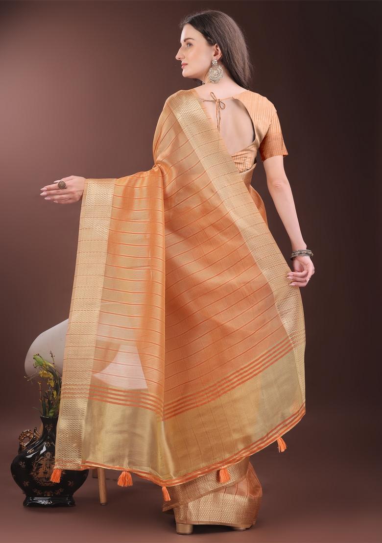 Orange Zari Work Organza Saree Set