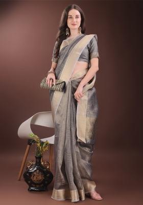 Grey Zari Work Organza Saree Set