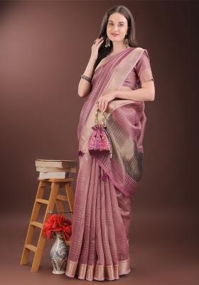 Pink Zari Work Organza Saree Set